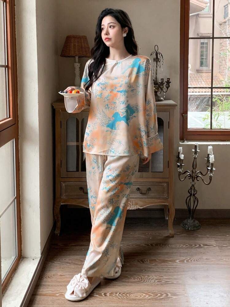 Chinese Style Contrast Piping Printed Pajama Set