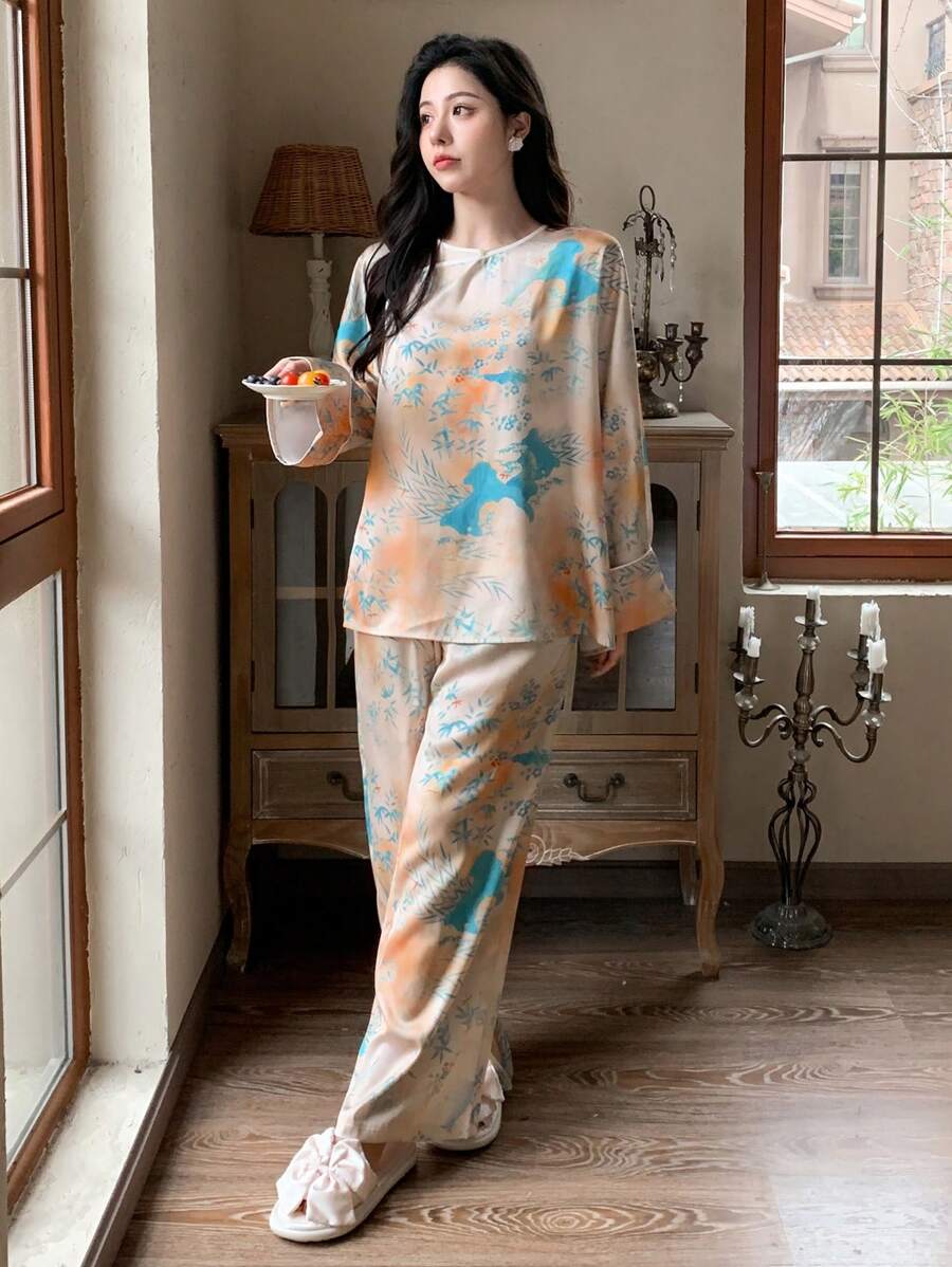 DAZY Chinese Style Contrast Piping Printed Pajama Set - Orange - View 1