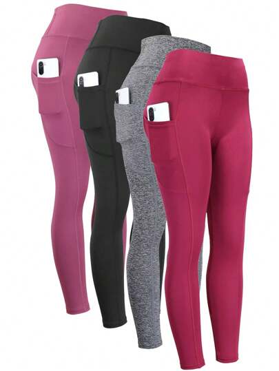 Easithlete 4入組瑜伽褲襪接縫壓縮緊身打底褲帶側手機口袋