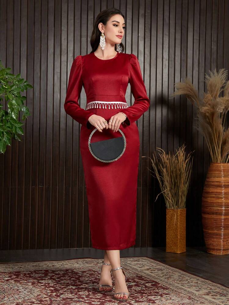Burgundy Red Women's Fringe Decorated Balloon Sleeve Dress