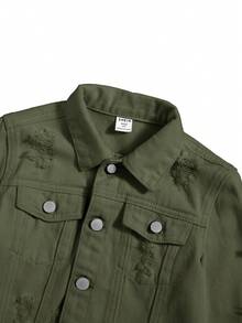 SHEIN Young Boys' Distressed Button Front Denim Jacket - Army Green - View 5