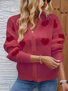 SHEIN Frenchy Của phụ nữ Hình trái tim Nút Lên Áo len Mở Áo len - Màu đỏ tím - Xem 6