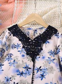 SHEIN Ramadan YOUNG Girl  Floral Lace Collar Long Sleeve Long Dress