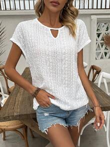 SHEIN LUNE Camiseta De Manga Corta Estilo Murciélago De Cuello En Forma De Cerradura - Blanco - Ver 5