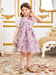 SHEIN Lässiges Rundhals-kleid Für Junge Mädchen Mit Durchsichtigen Ärmeln, Großer Schleifendekoration Und Jacquard-muster - Violett - Übersicht 7