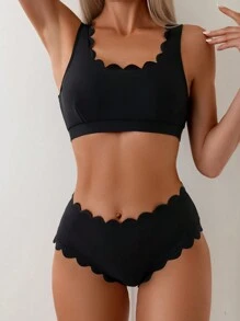 SHEIN Swim 女士扇貝邊背心 風格 二件套裝 - 黑色 - 查看 4