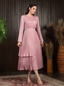 Modelyn Round Neck Long Sleeve Double Layer Pleated Hem Dress Long Evening Dresses - Pink - View 4