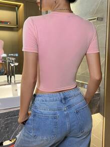 SHEIN ICON 女士简约图案印花圆领短袖短款 T 恤，休闲夏季 - 淺粉色 - 查看 3