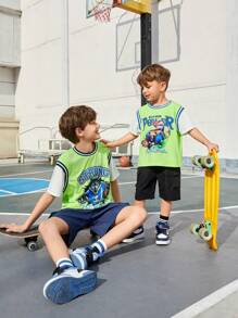 SHEIN Young Boy Loose Fit Casual Round Neck Two-In-One Design T-Shirt With Printed Pattern