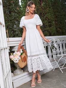 Simplee Women's Solid Color Lace Patchwork Puff Sleeve A-Line Dress - White - View 6