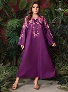 Al Najma Plus Size Women's Arabic Clothing With Floral Print - Red Violet - View 4