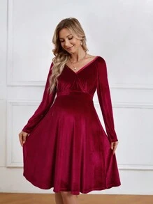 SHEIN Maternity Wine Red Velvet Dress - Burgundy - View 4