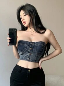 DAZY Women's Denim Tube Top With Front Button Closure Crop Women Tops - Blue - View 3