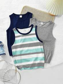 Young Boy 3pcs/Set Casual, Comfortable, Fashionable And Versatile Breathable Striped And Solid Color Tank Top For Spring And Summer Boys Tank Tops