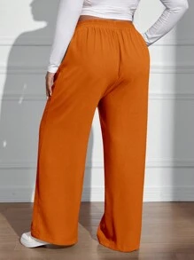SHEIN EZwear 大尺碼女款純色百褶長褲 - 棕色 - 查看 2