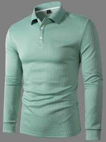 Manfinity Homme Men's Textured Long Sleeve Polo Shirt, Polo Shirts For Men Long Sleeve, Men Green Polo Shirt, Men Knit Shirt - Green - View 3
