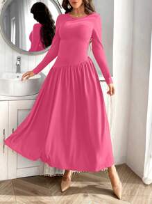 SHEIN Privé Ladies' Solid Color Round Neck Long Sleeve Dress - Hot Pink - View 3