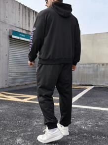 Manfinity Roughcore Men's Plus Size Letter Printed Hooded Sweatshirt And Pants Set - Black - View 2