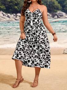 SHEIN Holidaya 大尺碼露背雙肩頸花卉印花連衣裙 - 黑與白 - 查看 2