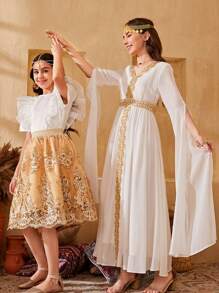 SHEIN Tween Girl Elegant Organza Ruffle Trim Blouse & Embroidered Mesh A-Line Skirt Two Pieces Set - Gold - View 8