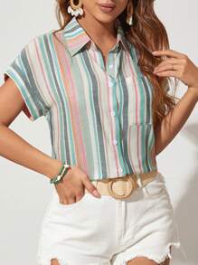 EMERY ROSE 條紋鈕扣前扣夏季女士襯衫,帶補丁口袋