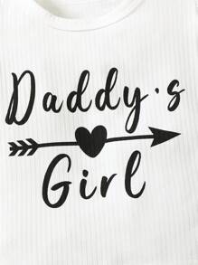 SHEIN Vintaside Kids Baby Girl's Letter Print Cap Sleeve Top With Ribbed Denim Shorts 2pcs Outfit Set