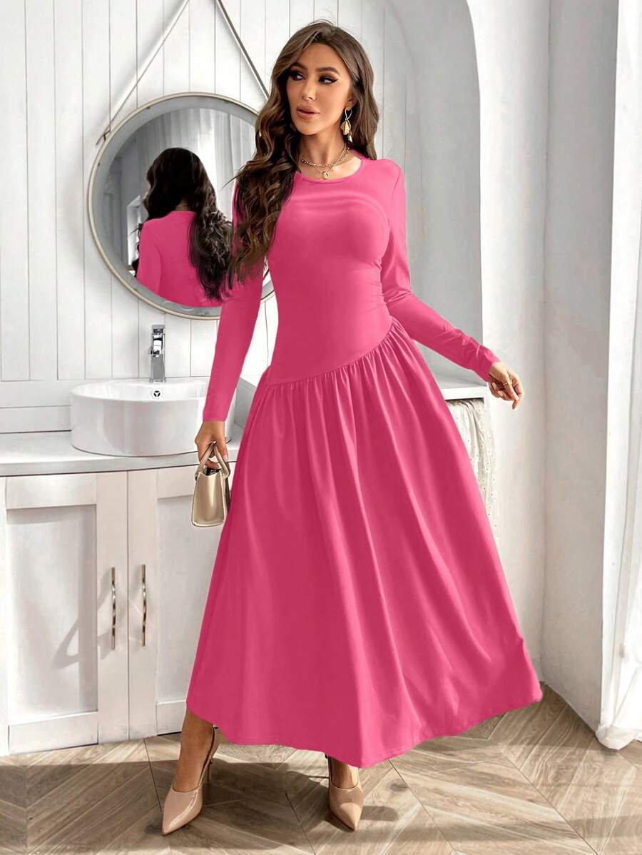 SHEIN Privé Ladies' Solid Color Round Neck Long Sleeve Dress - Hot Pink - View 1
