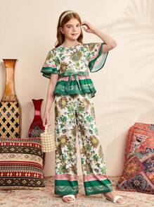 SHEIN 少女寬鬆可愛假期花卉圓領襯衫和褲子套裝 - 綠色 - 查看 1
