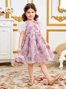 SHEIN Lässiges Rundhals-kleid Für Junge Mädchen Mit Durchsichtigen Ärmeln, Großer Schleifendekoration Und Jacquard-muster - Violett - Übersicht 8