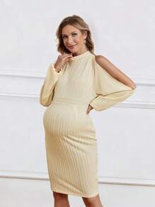 SHEIN Maternity Dresses Split Zip Plain Anggun - Aprikot - View 4