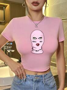 SHEIN ICON 女士简约图案印花圆领短袖短款 T 恤，休闲夏季 - 淺粉色 - 查看 1