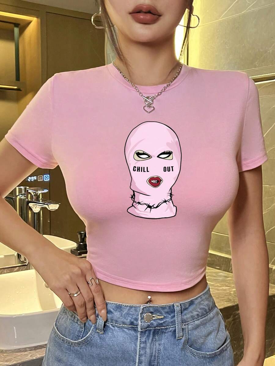 SHEIN ICON 女士简约图案印花圆领短袖短款 T 恤，休闲夏季 - 淺粉色 - 查看 1