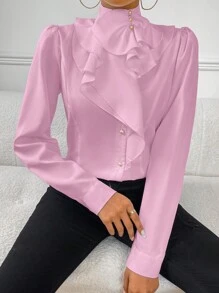 SHEIN Privé Women's Ruffle Trim Decorated Long Sleeve Shirt - Pink - View 6