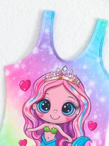 Young Girls' Cartoon Mermaid Pattern Sleeveless One-Piece Swimsuit With Cover-Up Skirt