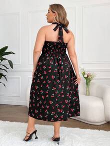 SHEIN Qutie Kích thước lớn Retro In Anh đào Không tay Halterneck Đầm - Màu be - Xem 3