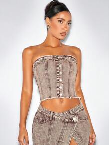 SHEIN BAE Women's Shirred Back Denim Tube Top, Sexy Style Without Elastic