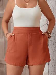 SHEIN VCAY Plus Size Solid Color Casual Shorts - Brown - View 1
