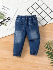 Baby Boys' Elastic Cuffed Stretch Denim Jeans With Dinosaur Embroidery, Light Blue Wash - Keskipesu - Näytä 2