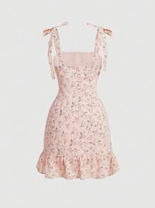 SHEIN MOD Váy xếp nếp buộc vai họa tiết hoa cho nữ - Hồng - Xem 2