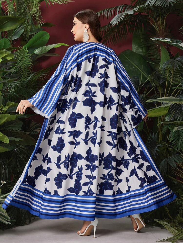 Floral & Striped Pattern Plus Size Abaya With Long Sleeves + Sleeveless Dress (2pcs/Set) Fall Cloth For Women