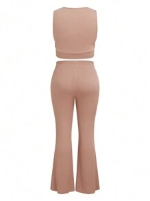 Calvaya Bộ đồ dệt kim hai mảnh màu trơn cỡ lớn - Màu Khaki - Xem 2