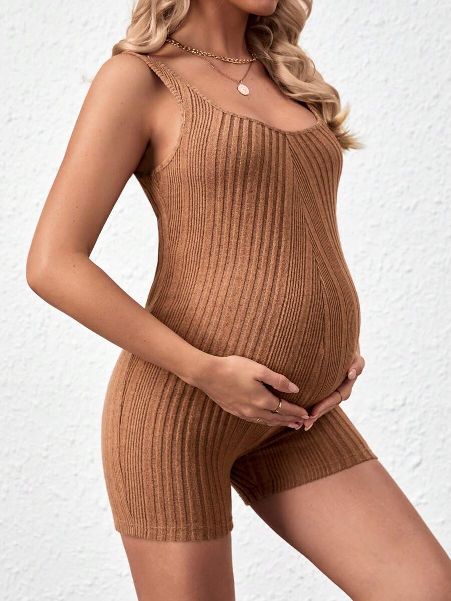 SHEIN بدلة مشدودة للحوامل بدون أكمام - بني - مشاهدة 1
