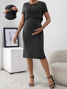 SHEIN Maternity Solid Nursing Tee & Cami Dress - Black - View 1