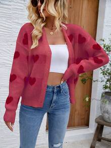 SHEIN Frenchy Của phụ nữ Hình trái tim Nút Lên Áo len Mở Áo len - Màu đỏ tím - Xem 3