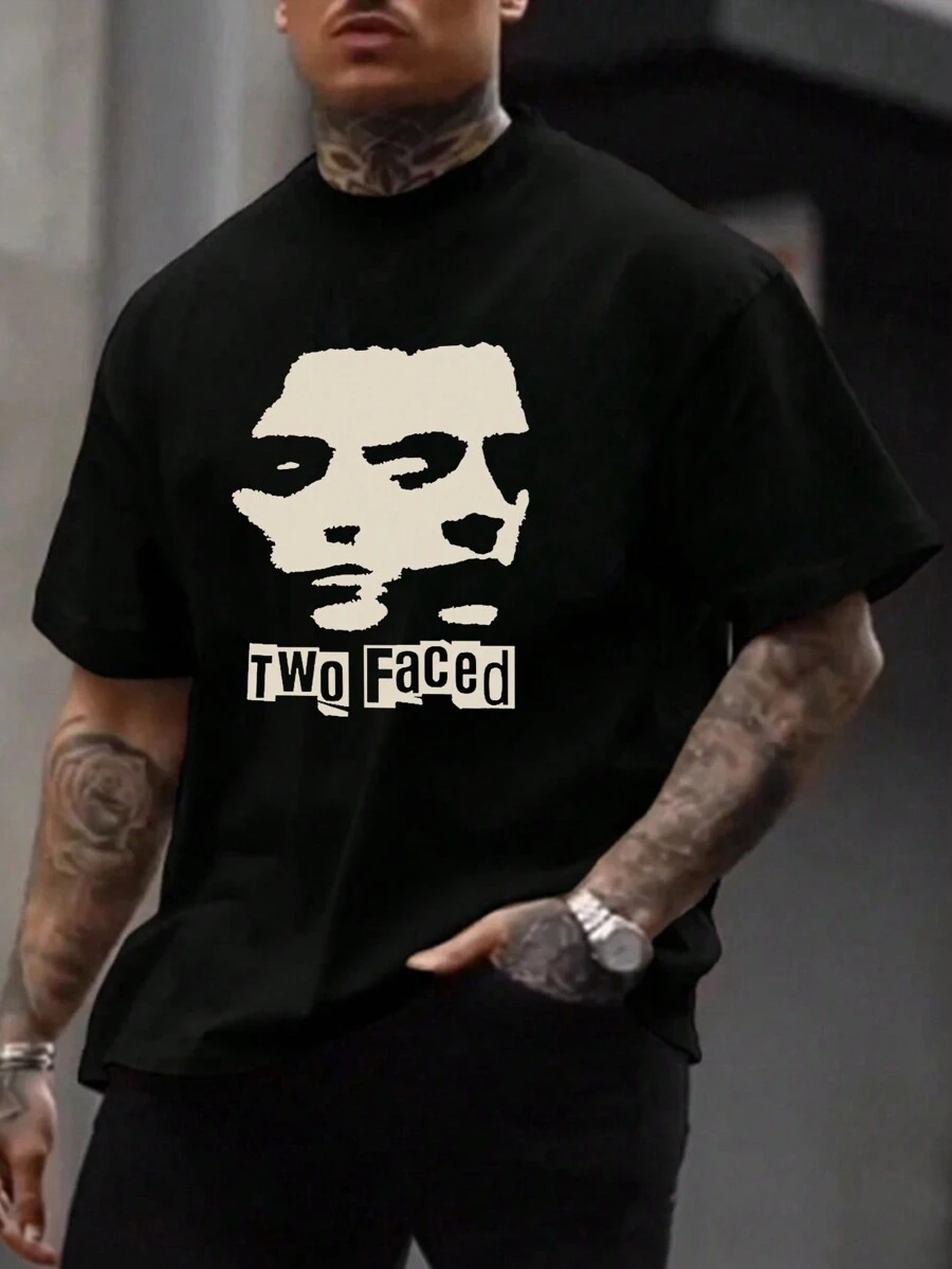 男士加大尺碼短袖t卹,印有字母和肖像圖案 - 黑色 - 查看 1