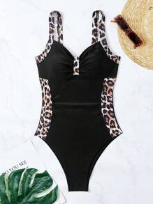 Swim Lushoire 1pc Women Leopard Print Pleated One-Piece Swimsuit, Beach Vacation, 2025 Summer - Black - View 3