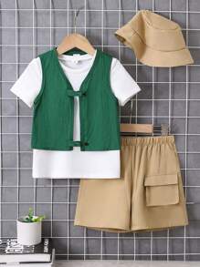 SHEIN 2pcs/Set Young Boy Outfit, Japanese Style Colored Sleeveless Vest And Knee-Length Shorts With Pockets - Multicolor - View 5
