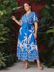 Mulvari Plus Size Women's Palm Tree Printed Ruffle Short Sleeve Dress - Blue - View 4