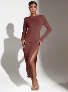 SHEIN BAE Vestido De Manga Larga Con Cuello Redondo Y Abertura En Color Sólido - Color caoba - Ver 2