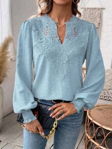 EMERY ROSE Women's Lace Spliced Lantern Sleeve Shirt Fall Cloth For Women - Blue - View 3